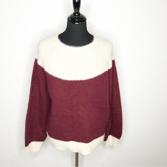 FRNCH cream maroon color block fuzzy sweater size Medium / Large M/L - Picture 1 of 12